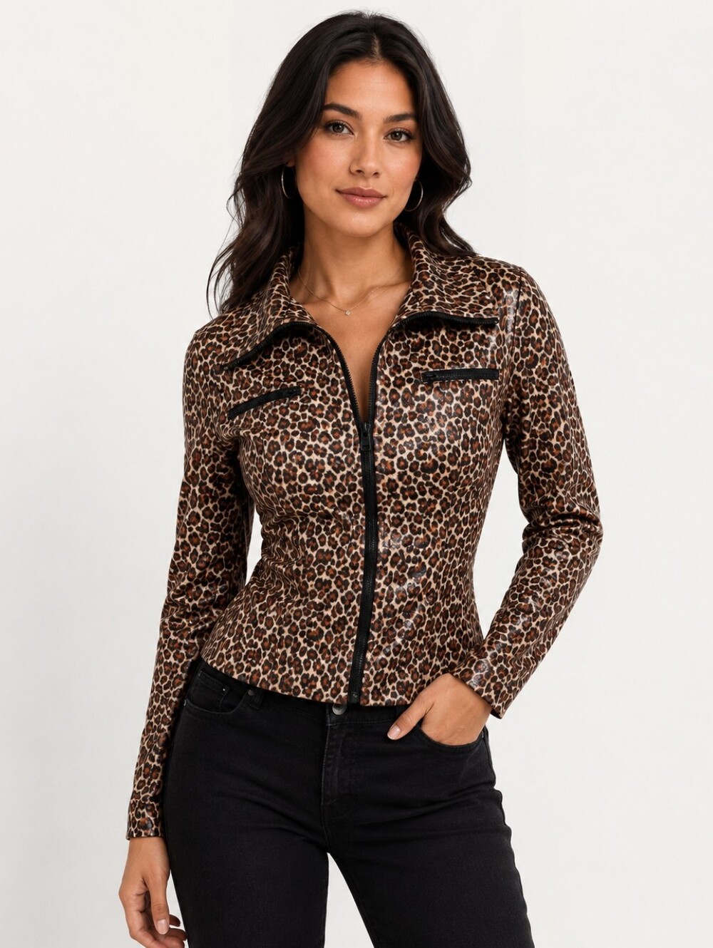 It's Me Vintage Flashy Leopard Two Way Zipper Front Jacket M